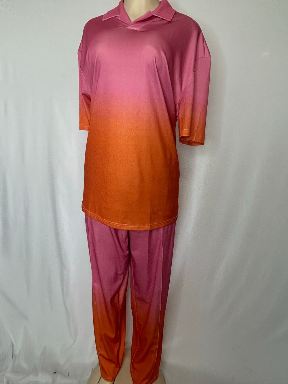 Womens 2XL Pink Orange Ombre Two Piece Pants Set Collared Top Lounge Outfit